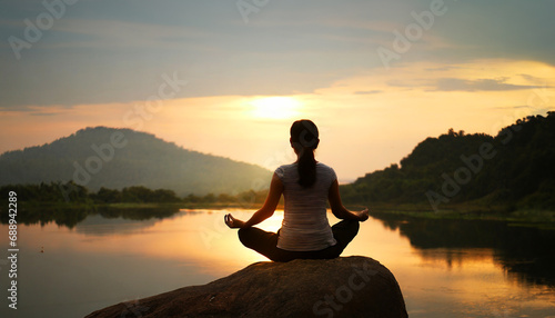 夜明けのサンライズの時にヨガのポーズで瞑想をする女性