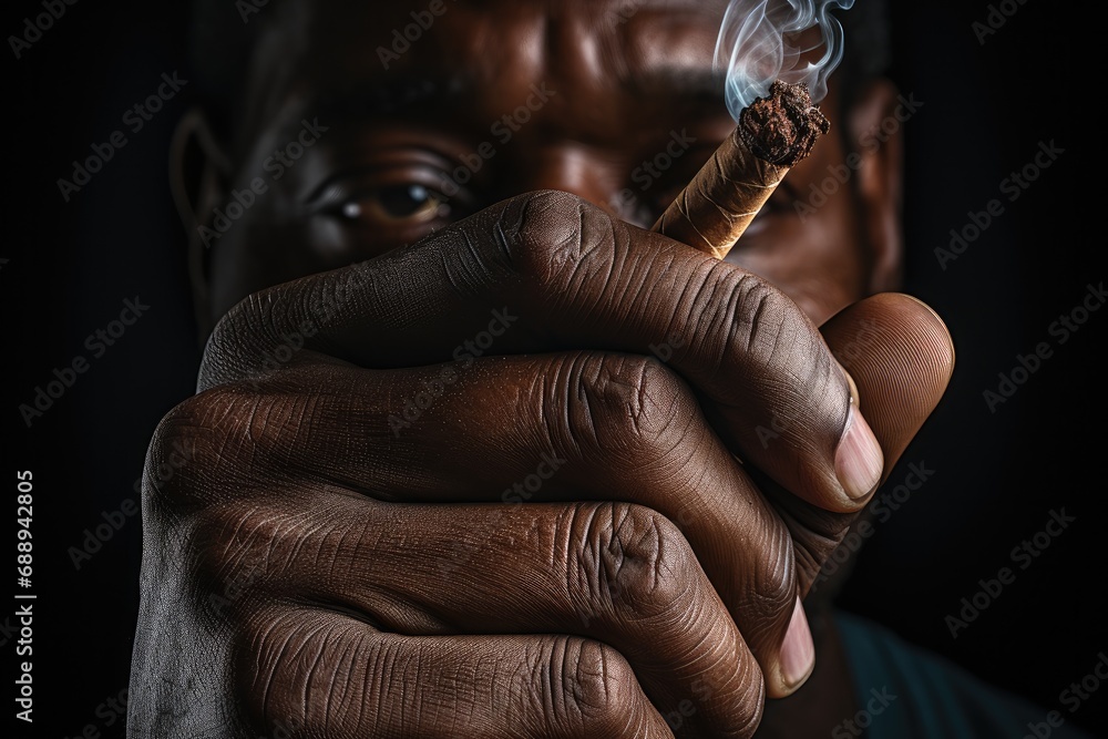 Closeup of a black man's hand holding a fuming cigarette. - obrazy, fototapety, plakaty 