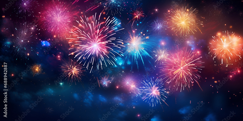 Colorful Firework with Bokeh Background New Year Celebration Abstract Holiday Background, Abstract New Year Spectacle: Colorful Firework with Bokeh Background