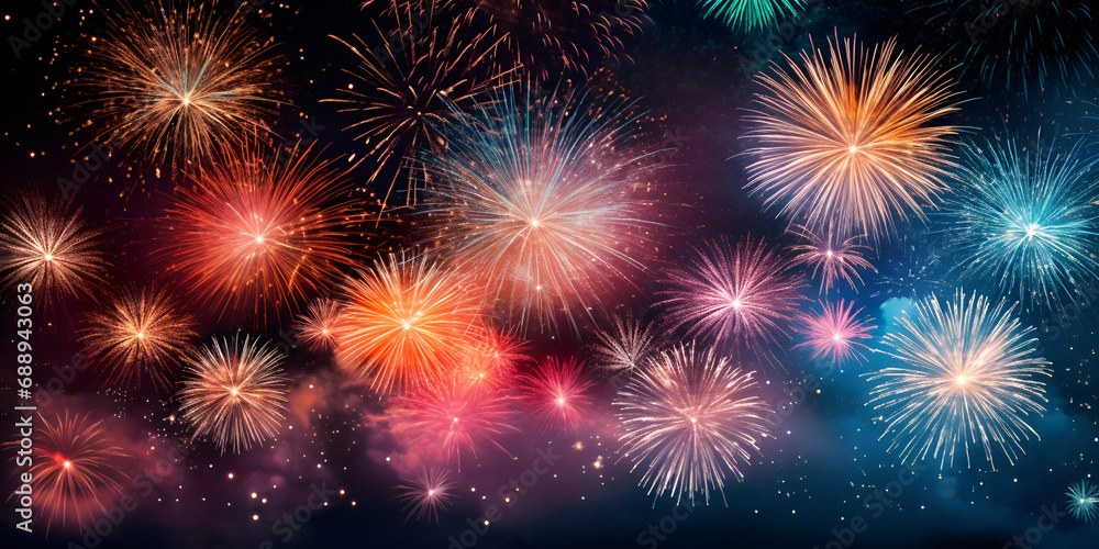 Happy New Year Party Celebration background  Colorful firework with bokeh background , Vibrant New Year Bash: Colorful Fireworks with Bokeh background, 