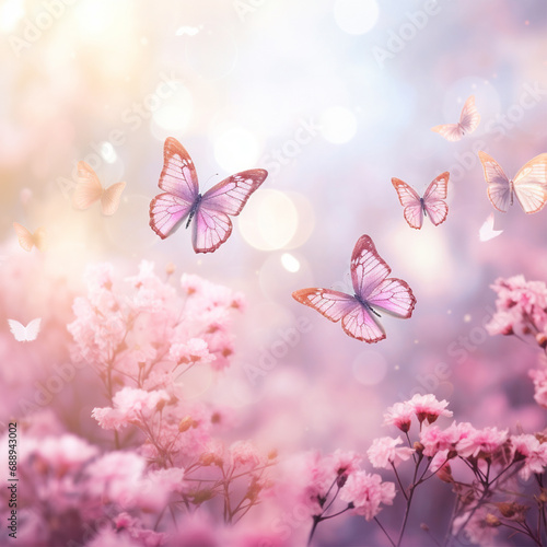 Beautiful flowers and butterflies spring light pink pastel background © IYearDesign