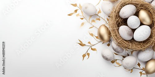 Easter morning. painted with gold patterns chicken eggs in a cardboard box with a willow branch on white background, Golden-Patterned Easter Morning: Chicken Eggs in Cardboard Box with Willow Branch