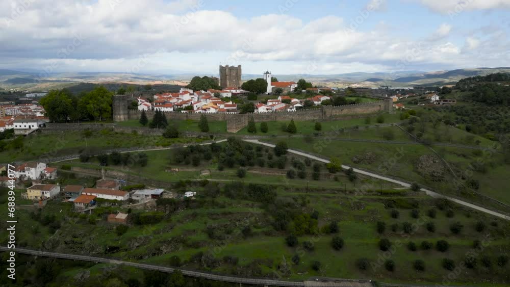 Drone push in to fortress walls of medieval castle in historic city center of Braganza Portugal Drone push in to fortress walls of medieval castle in historic city center of Braganza Portugal