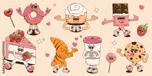 A collection of groovy cheerful desserts characters. Retro cartoon stickers, stamps, patches or mascots for cafe. Funky vector illustration with a donut, cake, chocolate, coffee, croissant and cookie.