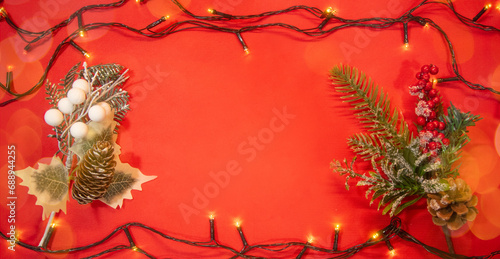 christmas wreath on red background