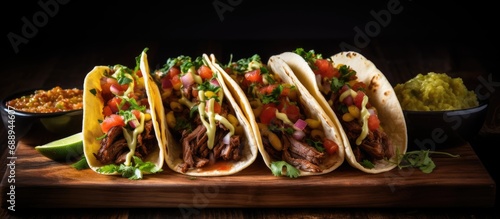 Three Mexican street tacos with carne asada, lime, and corn tortilla.