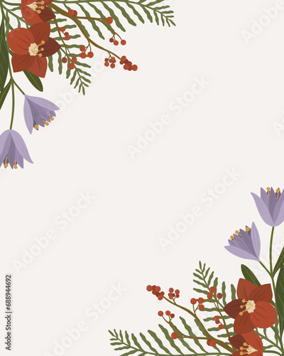 flower background flat florist decoration layout illustration vector bern, misletoe, winter red, eucalyptus