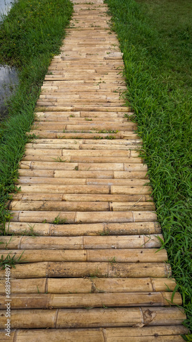bamboo path in the middle of rice fields