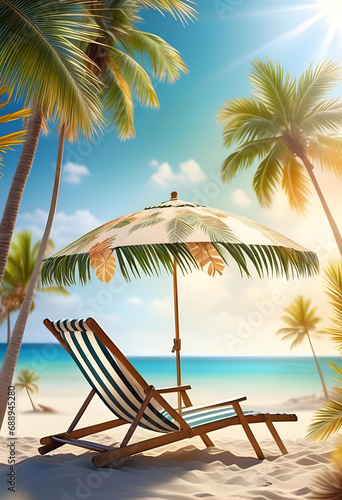 Deck chairs with palm leaves and parasols on a tropical beach with a beautiful sea and clear sky