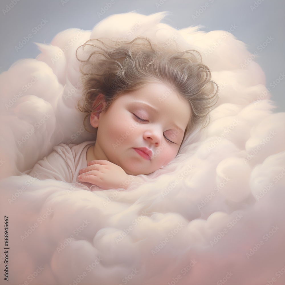 Cute little girl sleeping in a fluffy cloud. Dreamy mood. AI.