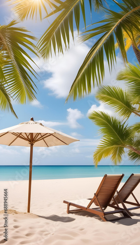 Deck chairs with palm leaves and parasols on a tropical beach with a beautiful sea and clear sky