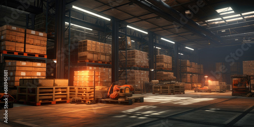 Warehouse with stacks of boxes with storage of retail shop with pallet truck near shelves
