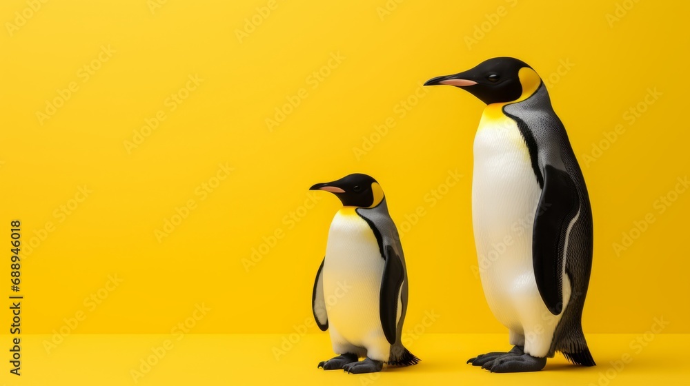 Fototapeta premium penguin pair: adorable statuettes on vibrant yellow background, wildlife-inspired decorpenguin pair: adorable statuettes on vibrant yellow background, wildlife-inspired decor