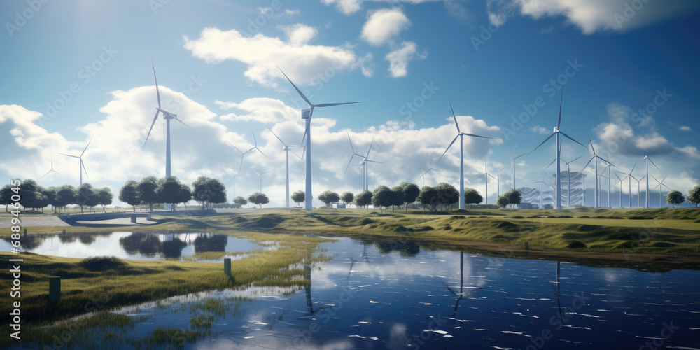 Wind turbines with solar panels on the field Wind turbines with solar panels on the field