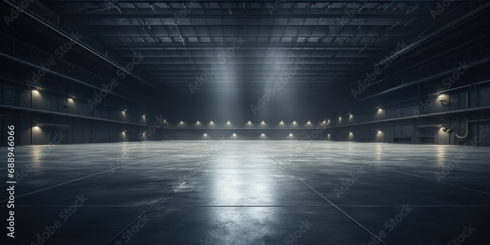 3D empty hall of modern interior of a warehouse - obrazy, fototapety, plakaty 