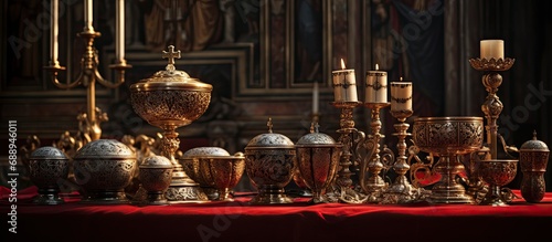 The holy items in the church of Francesco Papa in Rome include a special altar and chalice that represent the body and blood of Jesus Christ. photo