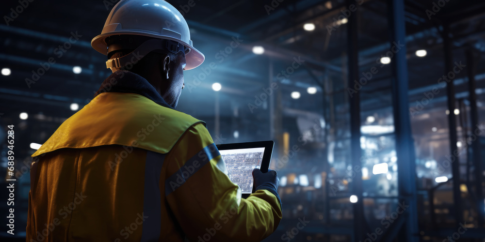 Factory Engineer in High Visibility Vest Using tablet computer. Industrial Manufacturing Production with Robotic Technology Factory Engineer in High Visibility Vest Using tablet computer. Industrial Manufacturing Production with Robotic Technology