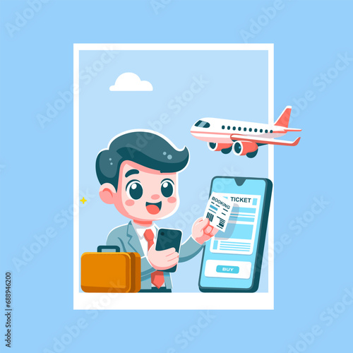 People book tickets online via smartphone application for traveling vector illustration concept