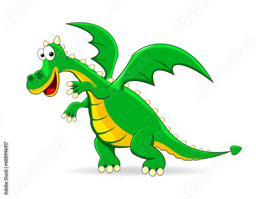 Cute cartoon green dragon. Green dragon on a white background. Funny fairy tale character. Green dinosaur