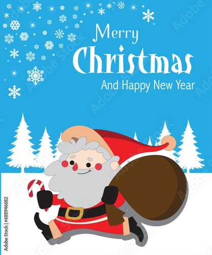 Merry Christmas and Happy New Year. Santa Claus with cocholate bag of gifts. Xmas Holiday background. Greeting card, banner, web poster. Vector illustration