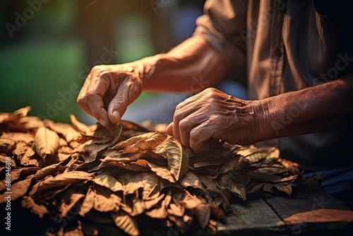 Closeup of hands making cigar from tobacco leaves. Traditional manufacture of cigars. 