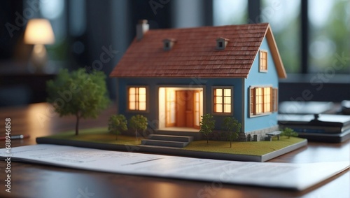 House model with lights on wooden table and financial documents. Generative AI.