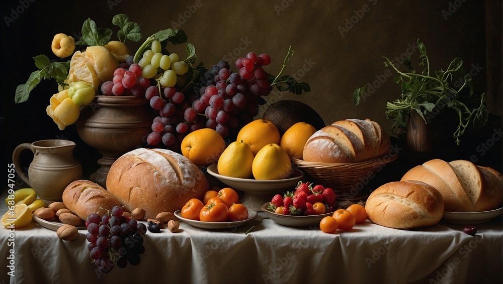 Still life with bread in wicker basket, flowers, bunches of grapes, nuts and various fruits. Generative AI Still life with bread in wicker basket, flowers, bunches of grapes, nuts and various fruits. Generative AI