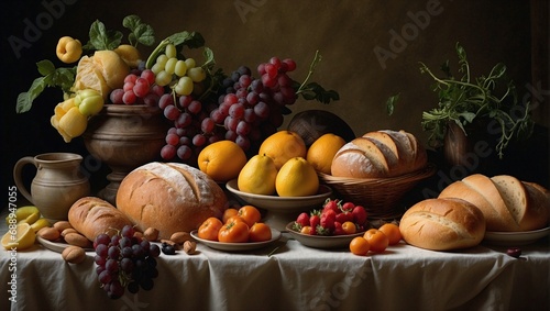 Still life with bread in wicker basket  flowers  bunches of grapes  nuts and various fruits. Generative AI