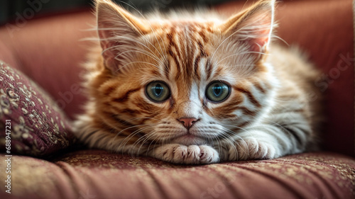 Close-up view of an adorable kitten perched on a couch ©  creativeusman