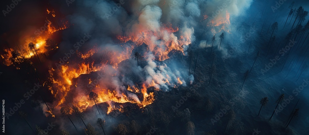 Severe fire in a deserted forest. Fire spreads in unison, thick smoke rises. Aerial view, top-down perspective. Catastrophic event.