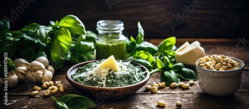 Traditional Italian pasta with basil pesto, parmesan, pine nuts, olive oil, and garlic on a rustic table.