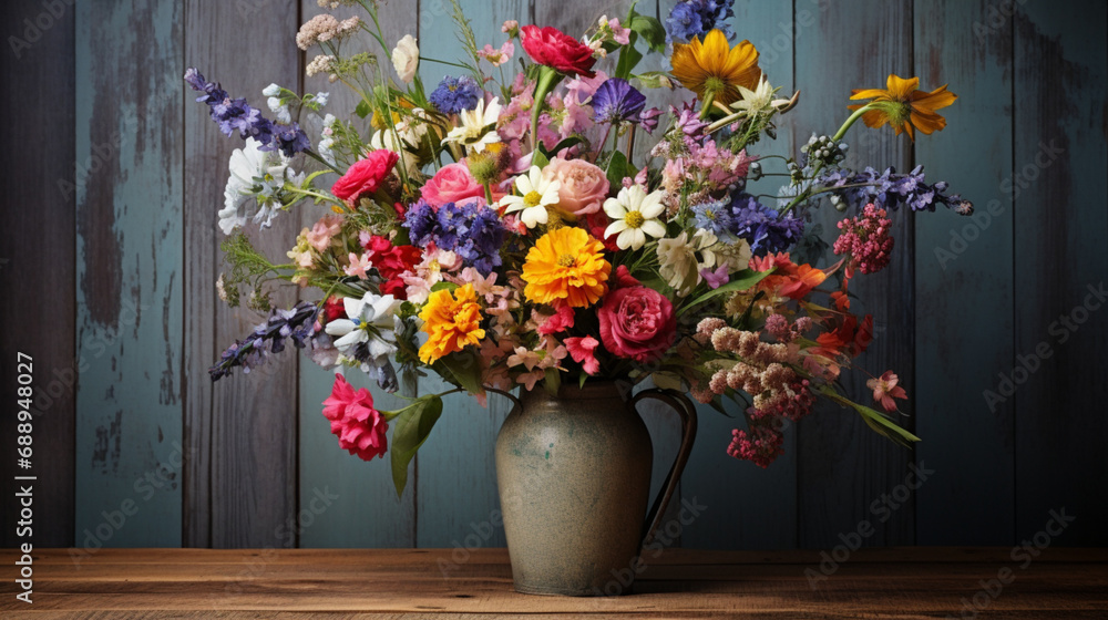 Colorful Flower Arrangement in a Delicate Vase on a Wooden Table