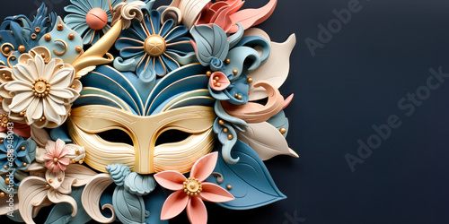 Elaborate Venetian mask, adorned with pastel-hued sculpted flowers, evokes the spirit of theatrical celebrations and traditional masquerades. Copy space