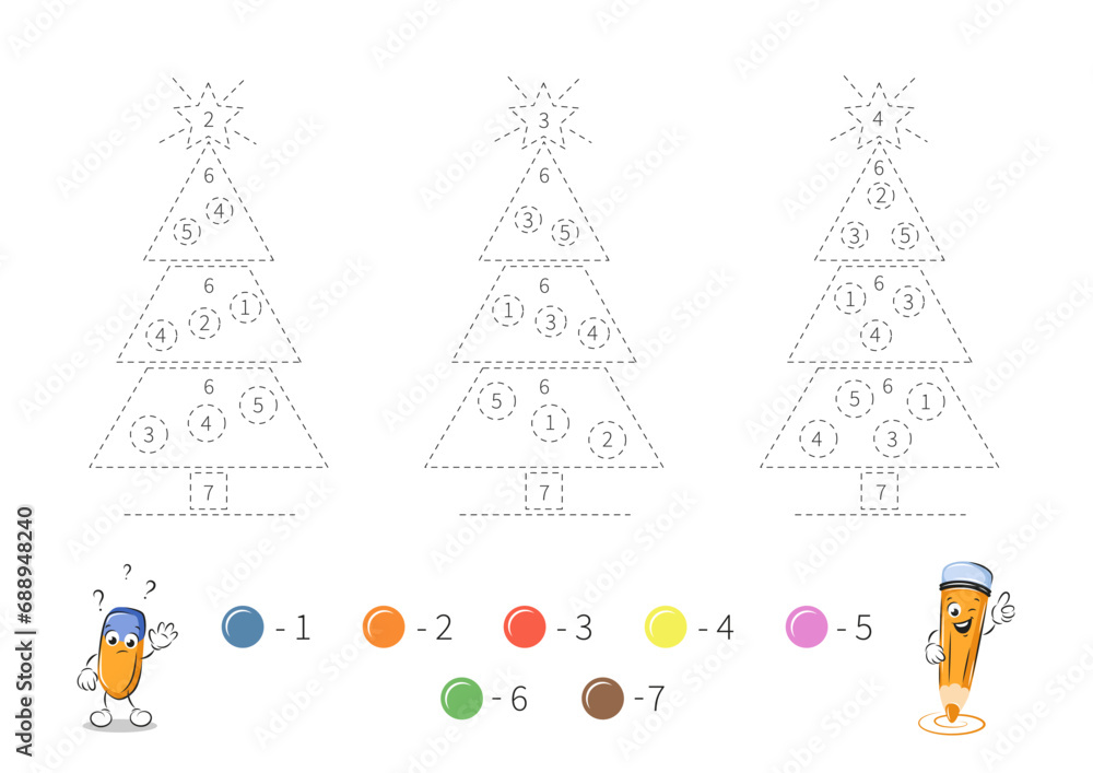 Coloring page with cute Christmas tree for kids. Tracing contours ...