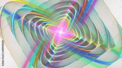 Iridescent abstract rotation of colorful fractal shapes. Multicolored squarish elements transforming to round, oval stripes, crossing in center, revolving. Twirling optical illusion. 4K UHD 4096x2304 photo
