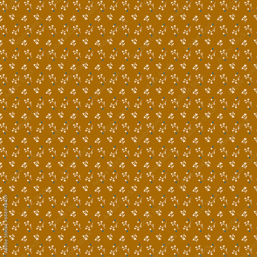 Simple modest floral fabric pattern Small white flowers and blue polka dots on a light brown mustard background Simple modest floral fabric pattern Small white flowers and blue polka dots on a light brown mustard background