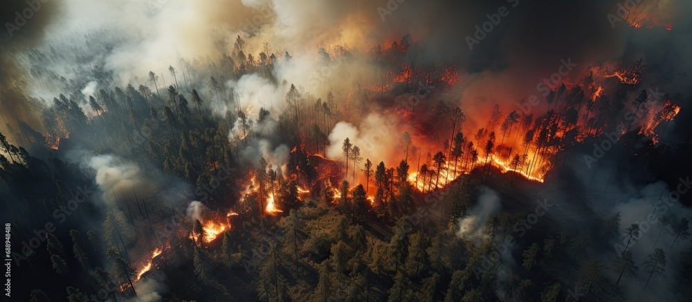 Uncontrolled forest fire seen from above.