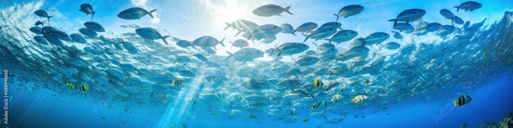 Fototapeta premium Photograph of a school of sardines seen from below swimming in semicircle