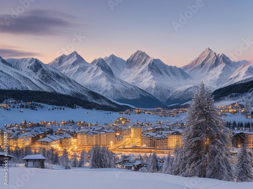Fairy tale view of Saint Moritz on a snowy winter dusk, Engadine, Graubunden canton, Switzerland photo