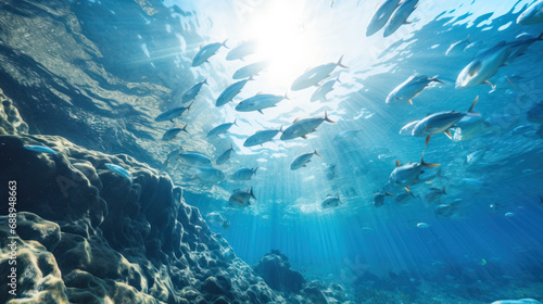 Photograph of a school of sardines seen from below swimming in semicircle