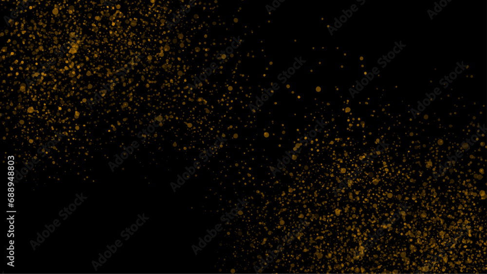 Golden scattered dust. Magic mist glowing. Stylish fashion black backdrop. gold fireworks frame for new year party event black background.