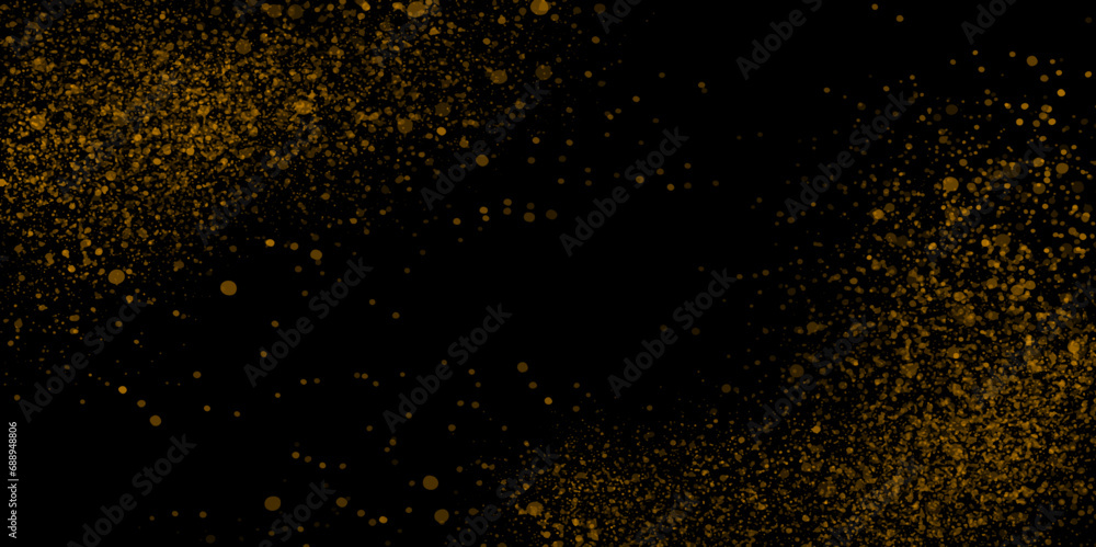 Golden scattered dust. Magic mist glowing. Stylish fashion black backdrop. gold fireworks frame for new year party event black background.
