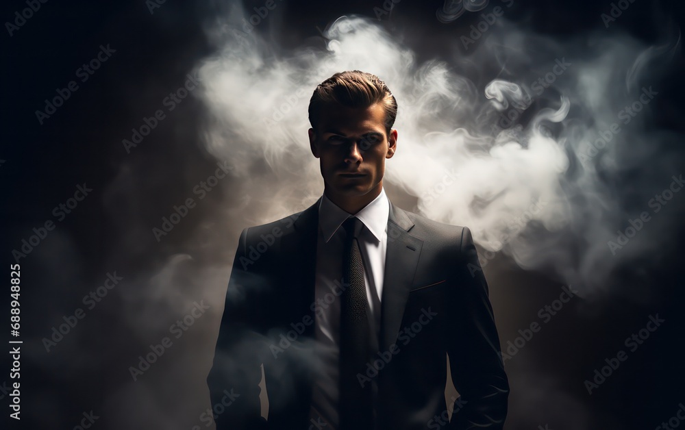 In a dimly lit studio, a young businessman exudes an aura of corporate sophistication, clad in a sharp suit amidst swirling smoke darkness against a black backdrop. In a dimly lit studio, a young businessman exudes an aura of corporate sophistication, clad in a sharp suit amidst swirling smoke darkness against a black backdrop.