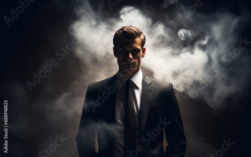 In a dimly lit studio  a young businessman exudes an aura of corporate sophistication  clad in a sharp suit amidst swirling smoke darkness against a black backdrop.