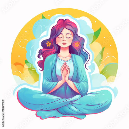 illustration of a girl meditating surrounded animated character style 3D logo isolated background