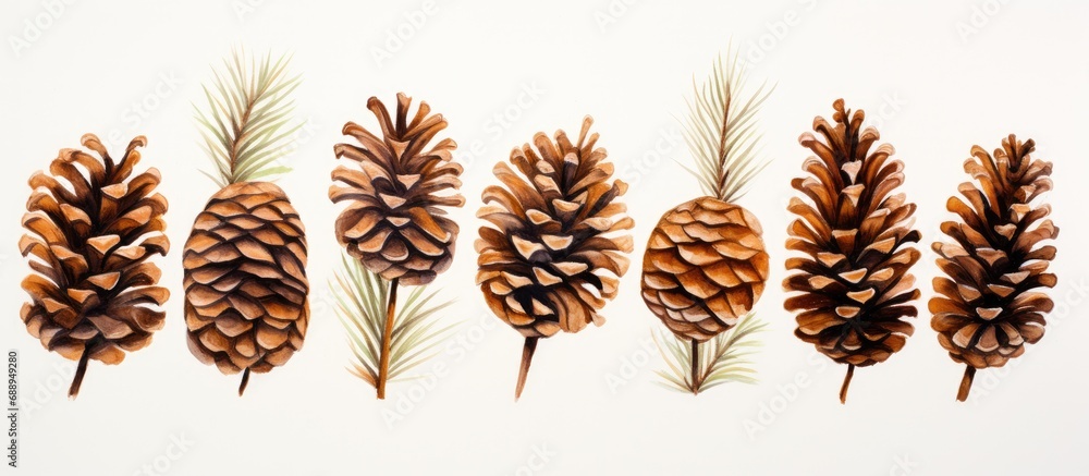 Watercolor botanical illustration of brown pine cones on a white background, representing a Christmas plant.