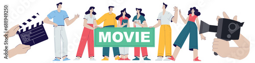 Cinema and Movie Shooting with People Character Cast and Operator Vector Illustration