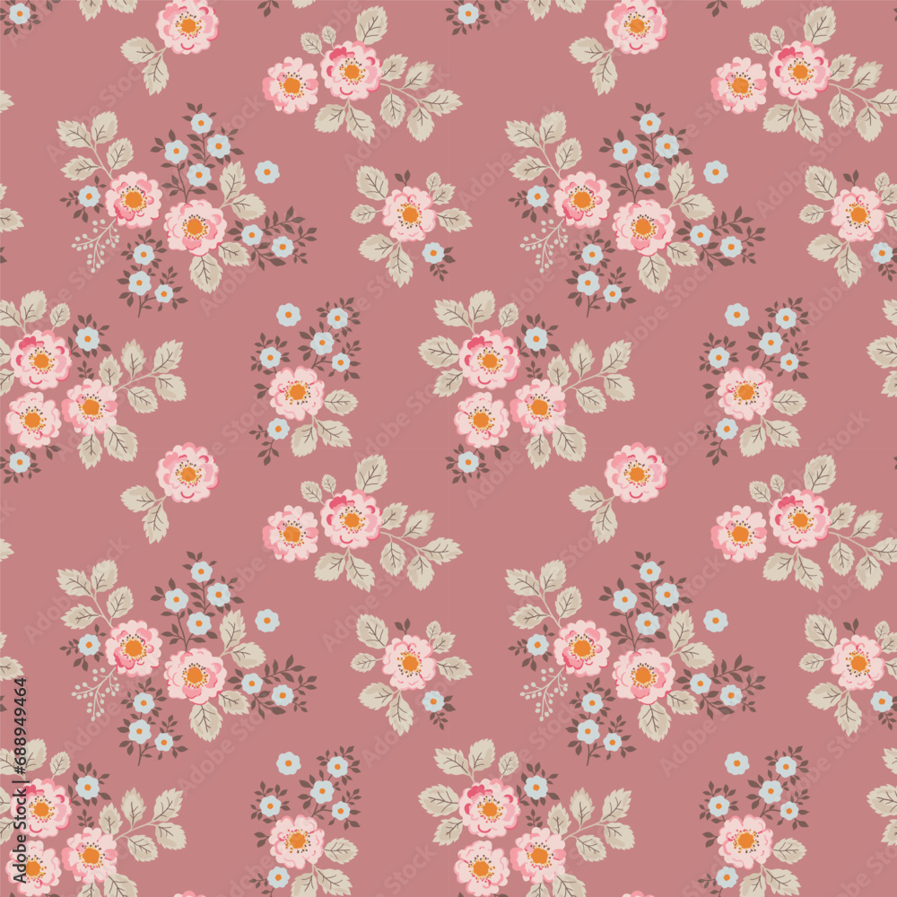 Seamless vector pattern with a bouquet of bright vintage-style flowers on a beige background. Pale pink roses and blue flowers and green leaves. A pattern on a pink background.