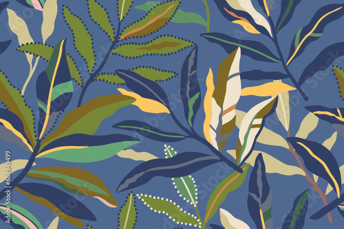Green and blue leaf pattern  floral pattern  abstract pattern. Vector illustration on a blue background.