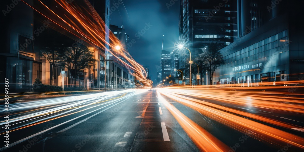 Fototapeta premium Exposure shot expertly captures the dynamic motion of cars streaking through the bustling city streets under the veil of night.
